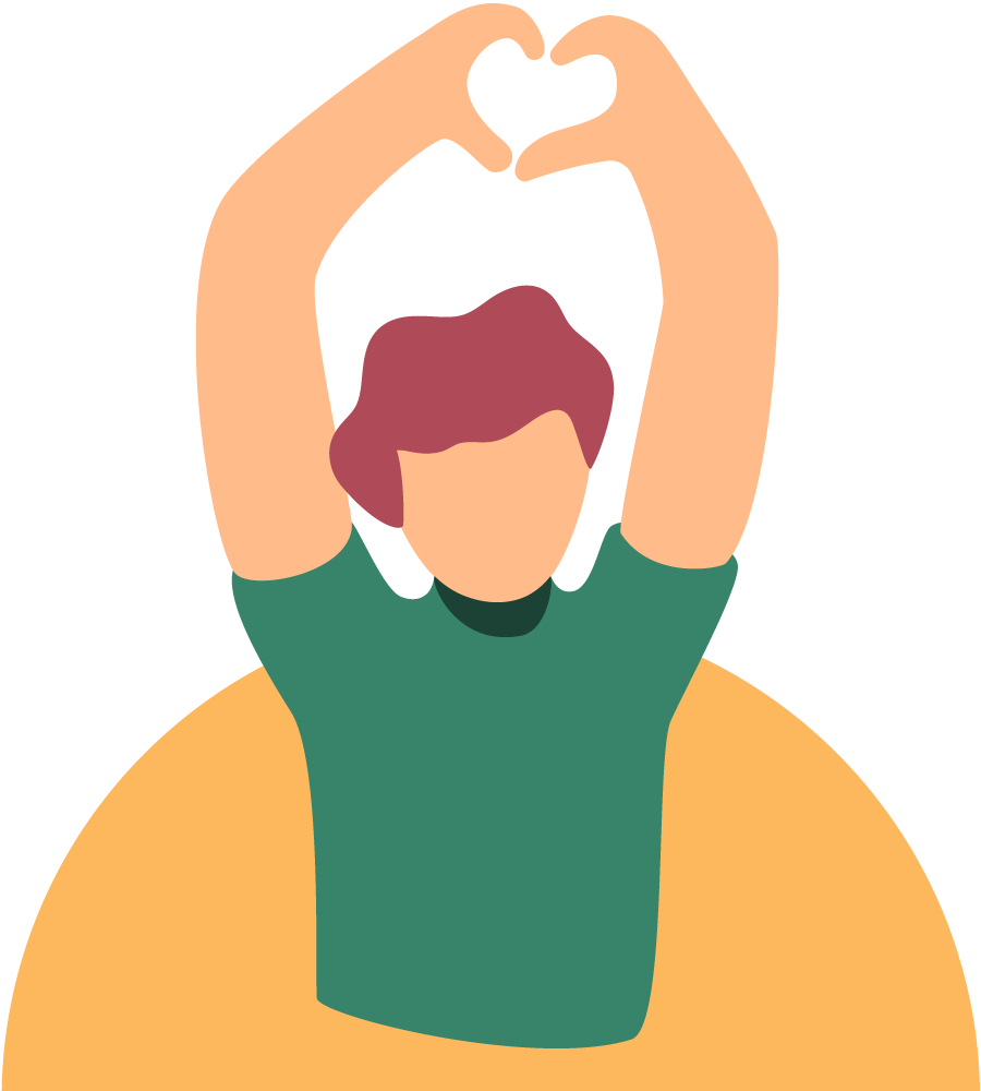 A man wearing a green shirt holding his arms above his head and making a heart shape with his hands