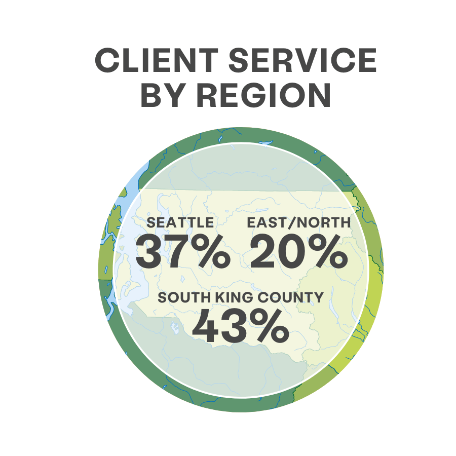 График, изображающий округ Кинг, штат Вашингтон, показывает, что 37% клиентов были из Сиэтла, 20% были из Восточного/Северного округа и 43% из Южного округа Кинг.