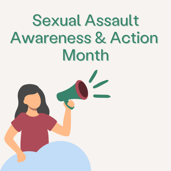 person with long brown hair red shirt on blue cloud with green megaphone illustrating Sexual Assault Awareness and Action Month