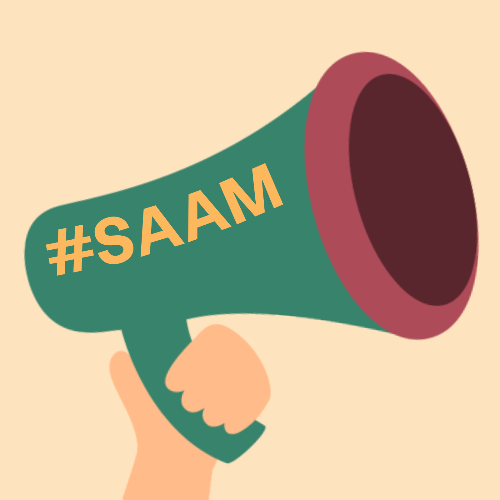 Main tenant un mégaphone vert avec bordure rouge avec #SAAM écrit sur le côté