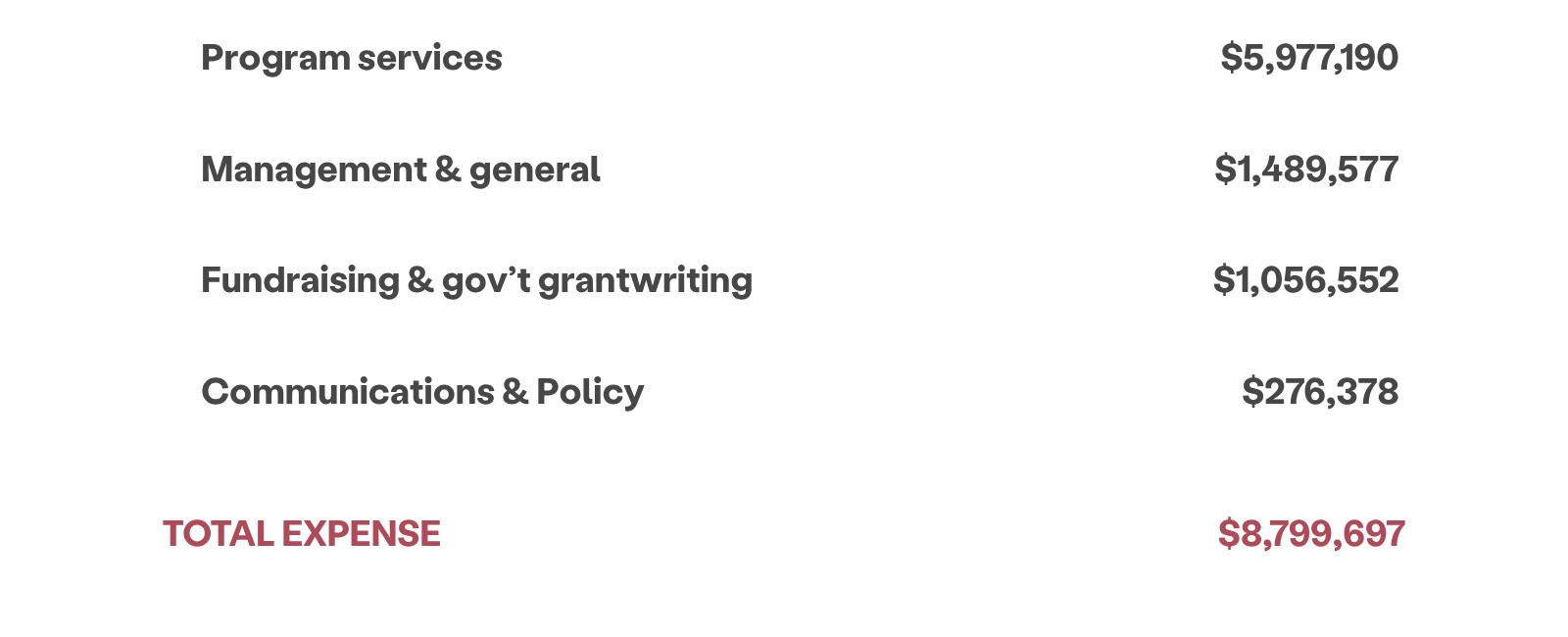 Expenses for program services, management and general, fundraising and government grant writing and communications and policy totals $8,799,697