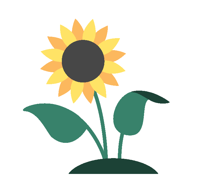 illustration of sunflower with gold and yellow petals, black center and green leaves