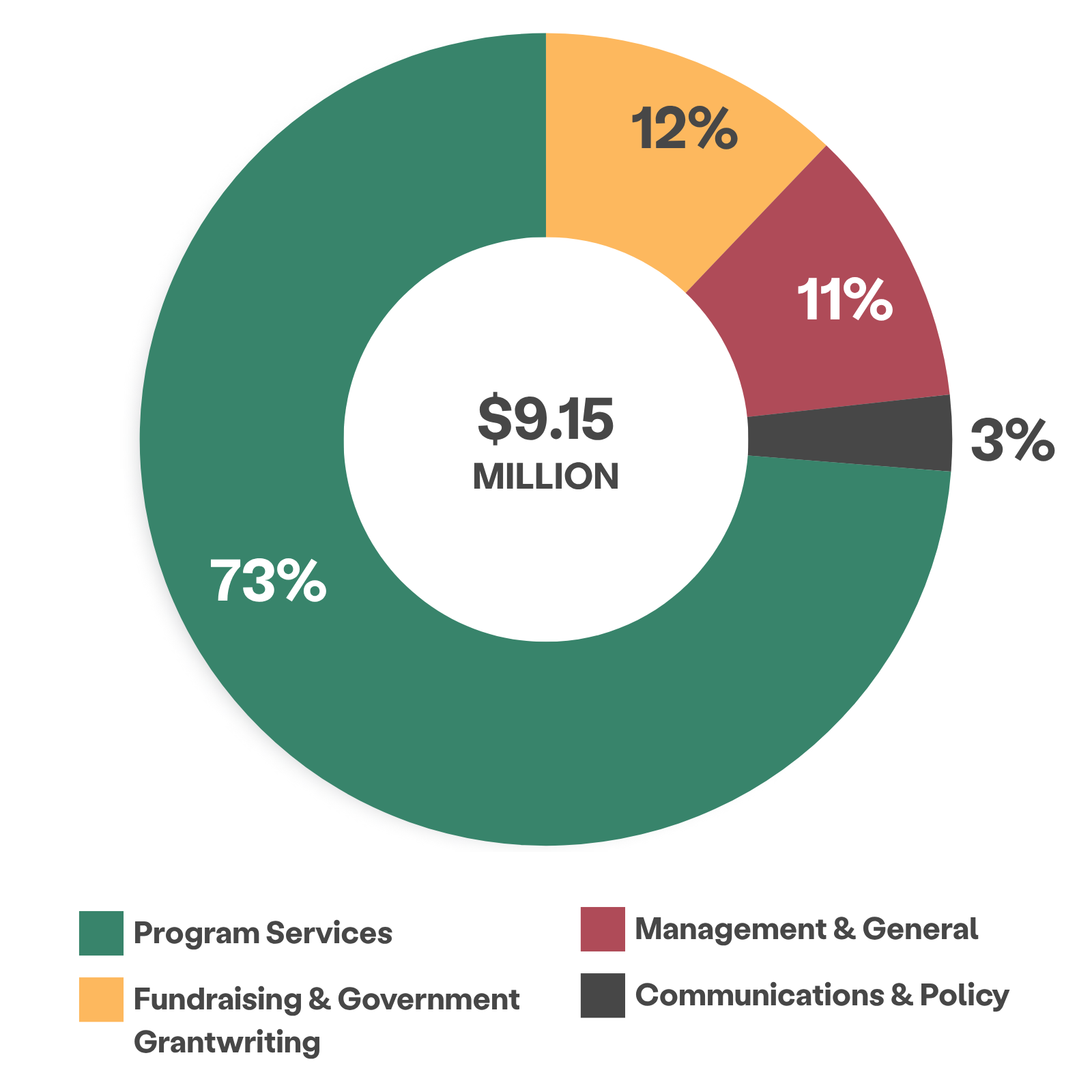 wheel chart showing $9.15 million expense with breakdown by program servces, fundraising and government grantwriting, management and general and communications and policy.