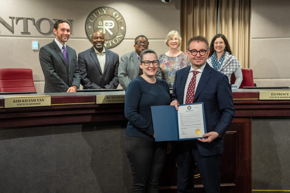 KCSARC CEO accepts proclamation for Sexual Assault Awareness Month from the city of Renton.