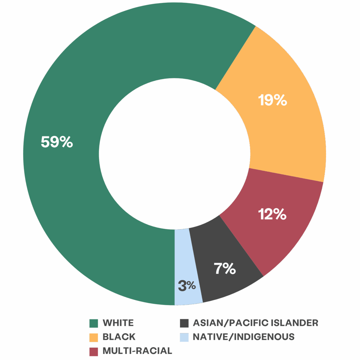pie chart showing racial composition of clients: 59% white, 19% Black, 12% multi-racial, 7% Asian/Pacific Islander and 3% Native/Indigeneous